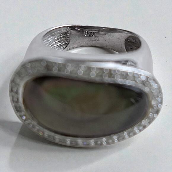 Vintage 925 Silver Abalone CZ Ring Chunky Statement Cocktail Large Unique - Picture 3 of 11